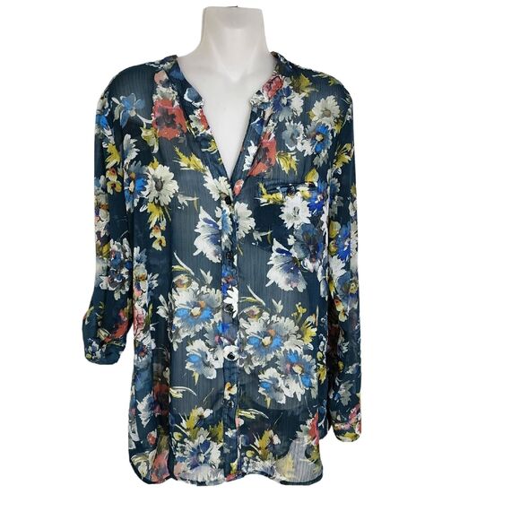 Kut From The Kloth Womens Blouse Medium Button Sheer Green Floral Long Tab Slv - Picture 1 of 9